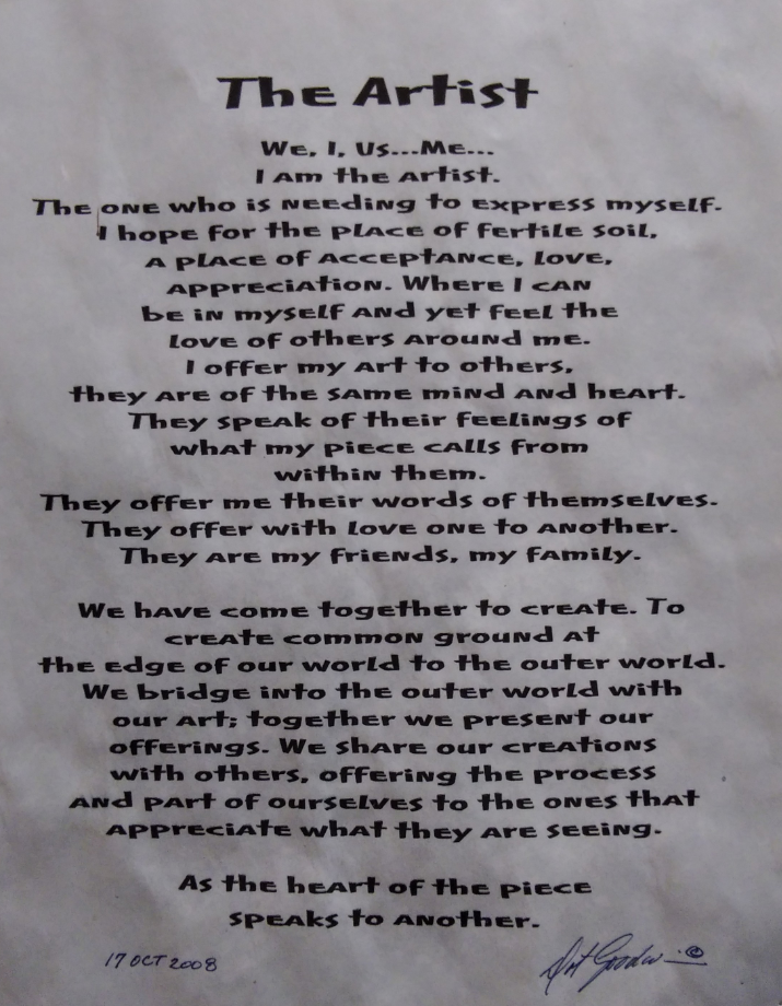 &ldquo;The Artist,&rdquo; a poem written and signed by Dot Goodwin, dated 17 October 2008